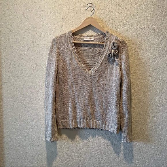 Brunello Cucinelli Tops - Brunello Cucinelli  oatmeal colored linen blend v neck pullover, L